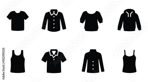 Icons of various tops and shirts for men and women, including t-shirts and hoodies