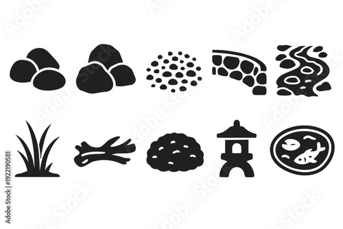 Japanese garden elements icons vector set