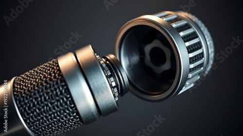 Extreme close-up macro of professional silver microphone with unscrewed head revealing intricate internal acoustic components, dramatic cinematic lighting on gray, technical precision concept
