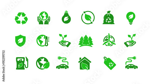 Green eco and nature protection icon collection featuring recycling, renewable energy, eco home, water conservation, tree planting, and environmental sustainability symbols.