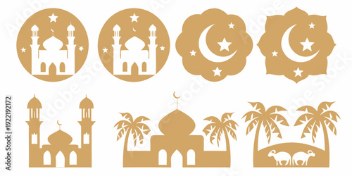 Golden islamic motifs mosques crescent moons palms and silhouettes