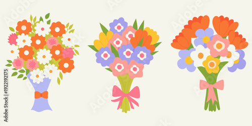 Three colorful bouquets of flowers arranged in a simple flat style
