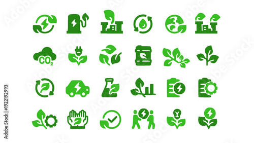 Renewable energy and ecology icon set in clean green style. Includes bio energy, electric vehicles, recycling process, sustainable development, eco fuel, and nature conservation elements.
