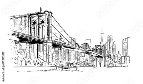 Watercolor hand drawn Brooklyn Bridge New York urban sketch