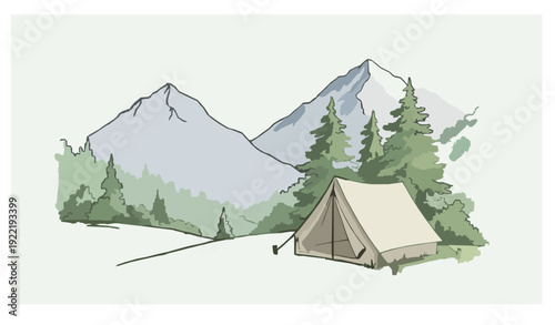 Hand drawn watercolor mountain camping landscape with tent