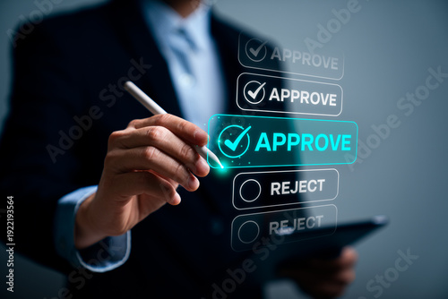 Canvas Print Business executive selecting approve option on virtual interface with stylus pen