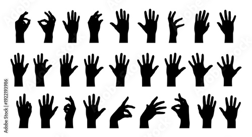 Hand gesture silhouette icon collection. Includes open hands, pointing, pinching, okay, and various finger positions. Created in solid black flat style with a monochrome palette.