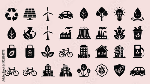 Set of black vector icons representing different countries with travel, holiday, food, house, and Christmas symbols in silhouette style