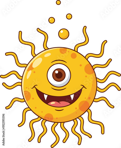 Yellow one-eyed cartoon germ character with tentacles vector illustration