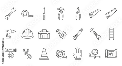 Collection of diverse construction and repair tools in line art style