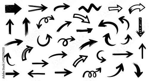Diverse collection of hand-drawn and graphic design arrows in various styles, sizes, and directions, illustrating concepts of movement and directionality on white background.