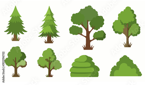 Flat cartoon tree and bush vector set including pine, fir, oak, elm, and ash isolated on white background for game design