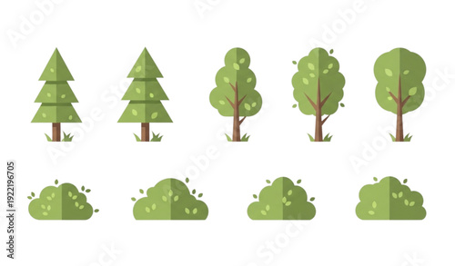 Minimal flat tree and bush vector icon pack including pine, fir, oak, elm, and ash isolated on white background