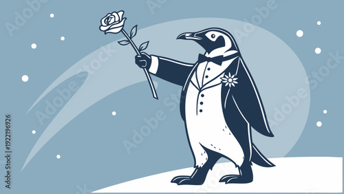 A charming penguin in a tuxedo holding a rose in a snowy scene