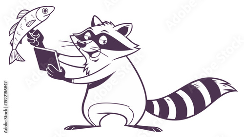A cute cartoon raccoon holding a smartphone and a fish in a playful vector illustration