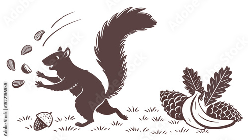 A playful squirrel collecting nuts in a forest clearing illustration