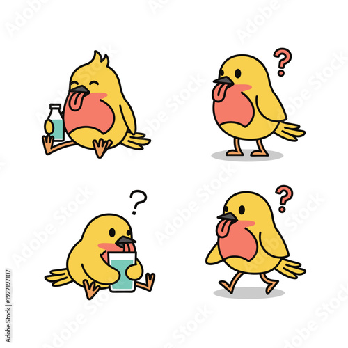 Cartoon bird experiencing hangover with beer bottle and confused expression