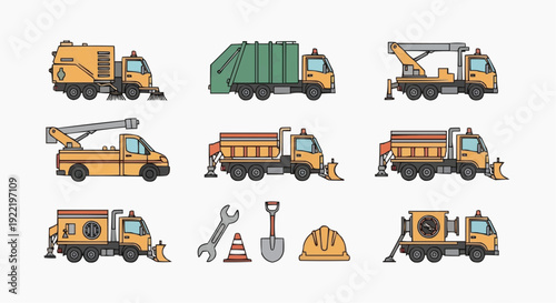 Comprehensive vector icon set showcasing diverse utility, construction, and municipal service vehicles for infrastructure maintenance and emergency operations