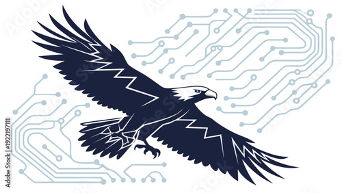 A vector graphic illustration of an eagle in flight with circuit board design