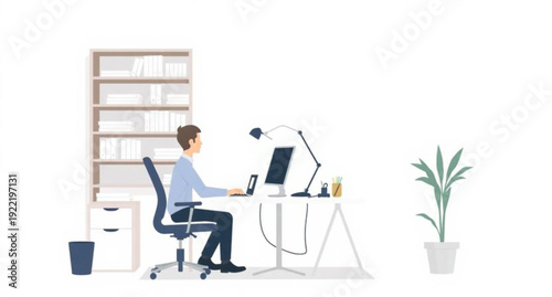 A professional businessman sits on an office chair at his desk working on a laptop computer illustration