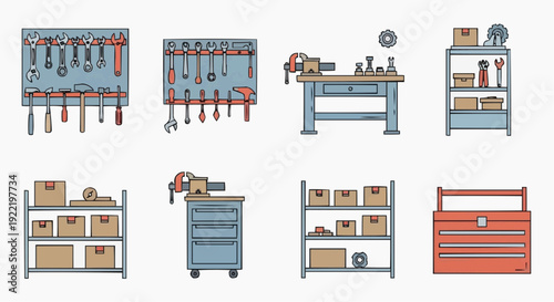 Comprehensive illustration showcasing a variety of workshop tools, garage storage solutions, and equipment, including workbenches, pegboards, shelves, and toolboxes for industrial and DIY needs