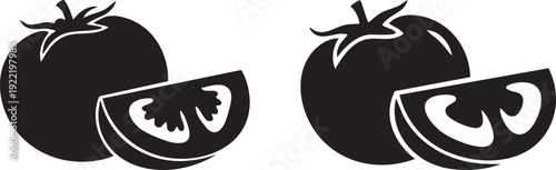 A simple black and white illustration of tomatoes and tomato slices on a plain background