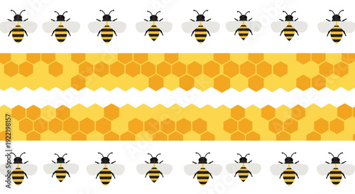 Honeycomb and Bee Border Design with Repeating Pattern.
