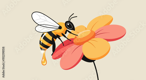 Cartoon Bee Collecting Nectar from a Colorful Flower.