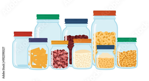Assortment of Glass Jars Filled with Dry Foods and Ingredients