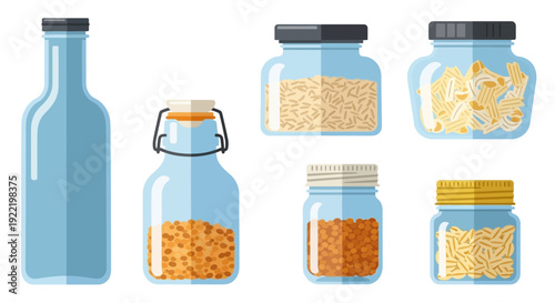 Assortment of Glass Jars and Bottle with Food Contents