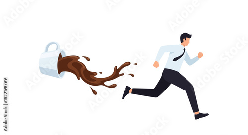 Businessman running from spilled coffee, concept of morning rush, deadlines, and office stress