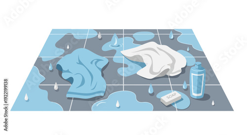 Cleaning supplies on wet tiled floor with towels and soap