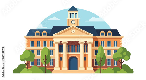 Classic University Building with Columns and Clock Tower, Education Facade