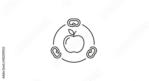 Outline drawing of an apple encircled by three chain links illustrating food supply chain and traceability, Generative AI.