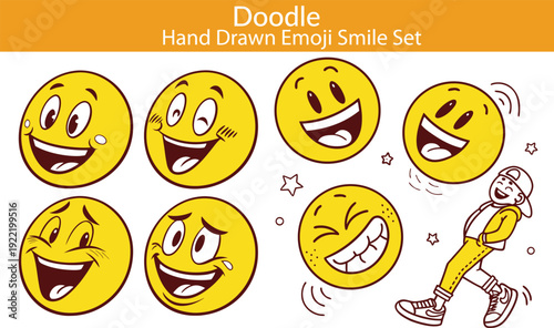 Doodle Emoji face icon set. Hand drawn sketch style. Emoji with different emotion mood, happy, sad, smile face. Comic line art vector illustration.
