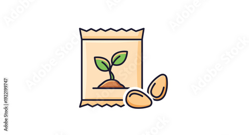 A beige seed packet featuring a green plant growing from soil stands next to loose seeds, Generative AI.