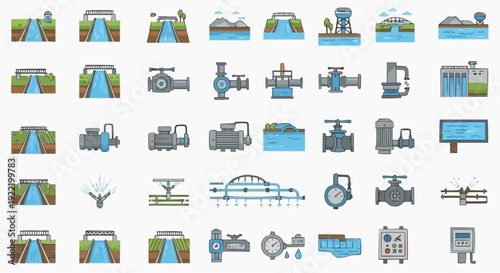 Collection of industrial machinery and dam infrastructure icons in various styles and colors