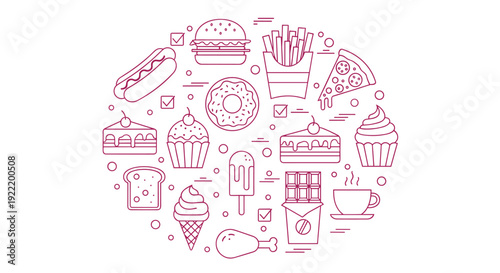 A minimalist vector graphic illustration of various food items in a circular pattern