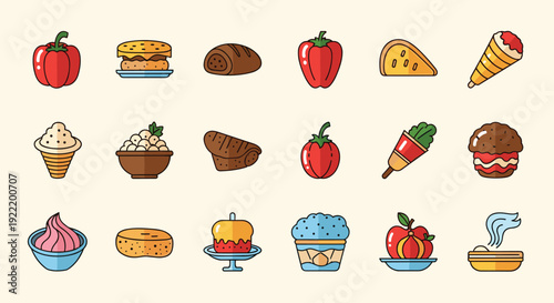 A colorful vector graphic illustration of various dessert and food icons
