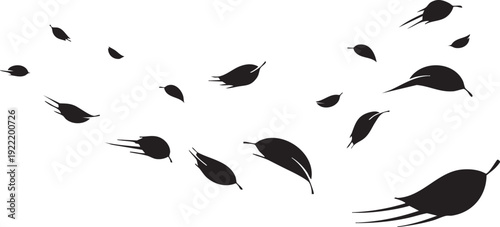 A minimalist illustration of black leaves floating gently through the air on a white background