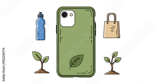 Eco-friendly smartphone case with leaf, water bottle, reusable bag, and seedlings