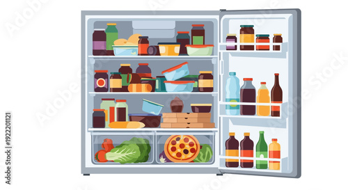 Full Refrigerator Interior with Food, Drinks, and Produce