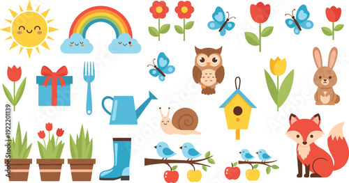 Cute spring garden elements and animals vector collection for kids nature design and seasonal decoration concept
