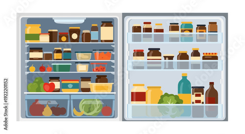 Fully Stocked Refrigerator Interior with Food and Drinks