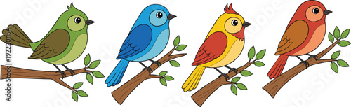 Colorful cute birds sitting on tree branches vector illustration set for nature wildlife and spring design