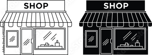 Shop storefront outline and silhouette vector illustration for retail store facade small business and local market design