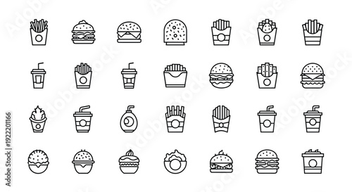 A set of minimalist fast food icons in a flat vector graphic design