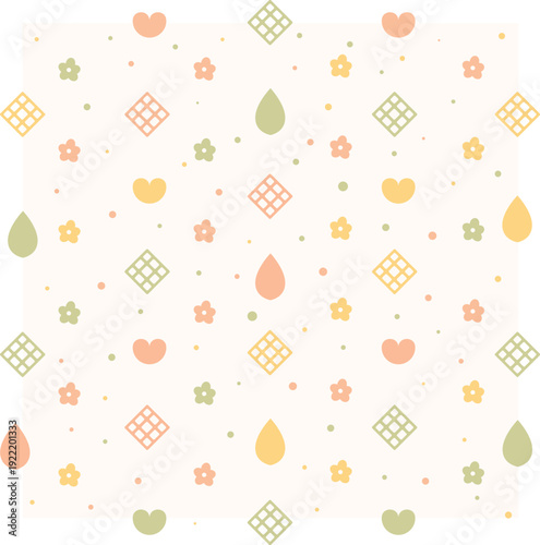 Seamless minimal ketupat icon pattern with floral and heart accents in pastel colors