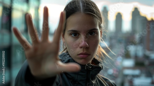 Young woman holds up hand in stop gesture, looking directly at camera, urban background, serious expression.