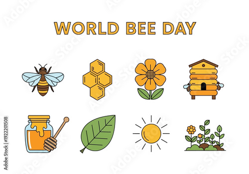 A vibrant World Bee Day illustration featuring a bee, honeycomb, flower, beehive, and honey jar in a sunny environment